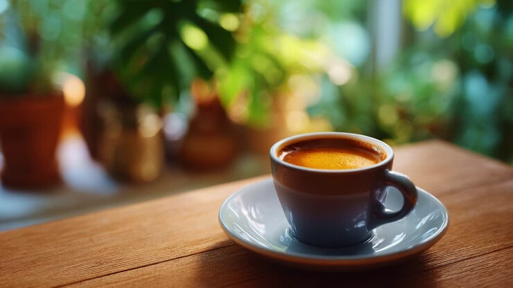 Una tazza di caffè perfetta su un tavolo di legno caldo circondato da rigogliose piante verdi, che cattura l'essenza del relax e del piacere in un'atmosfera accogliente