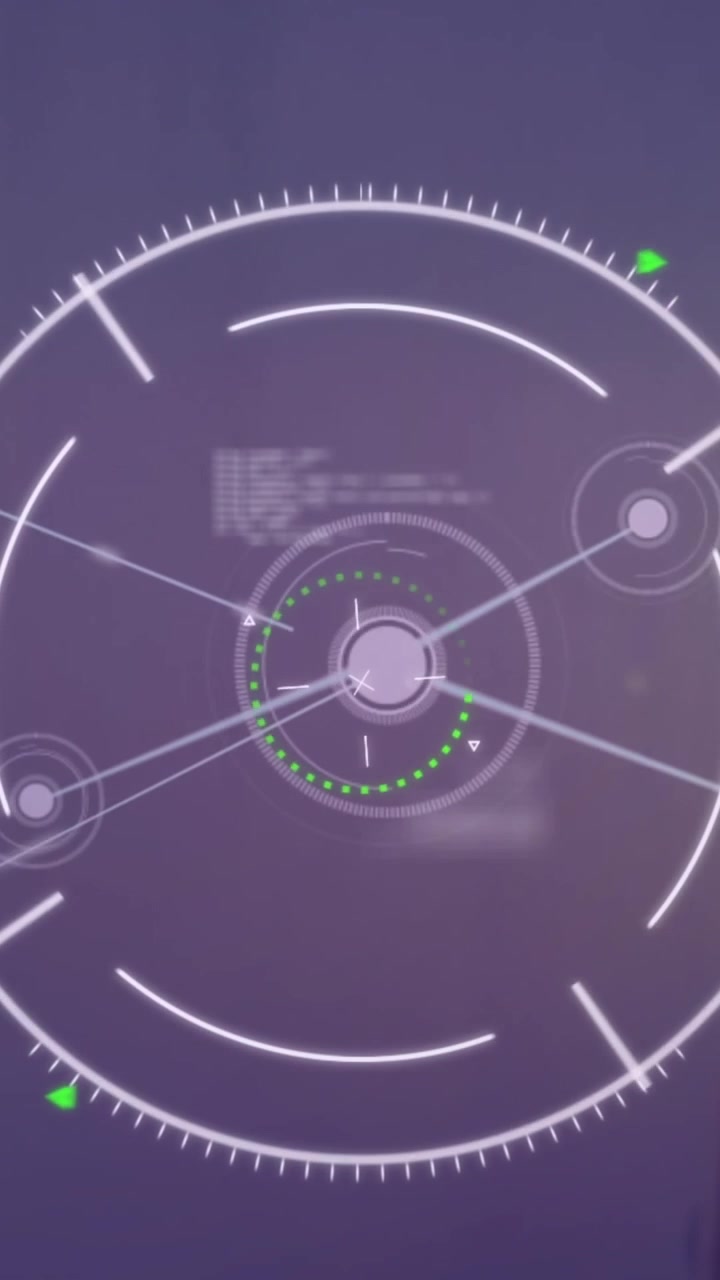 Animazione di scanner circolare bianco, rete di comunicazione ed elaborazione dati su sfondo nero.