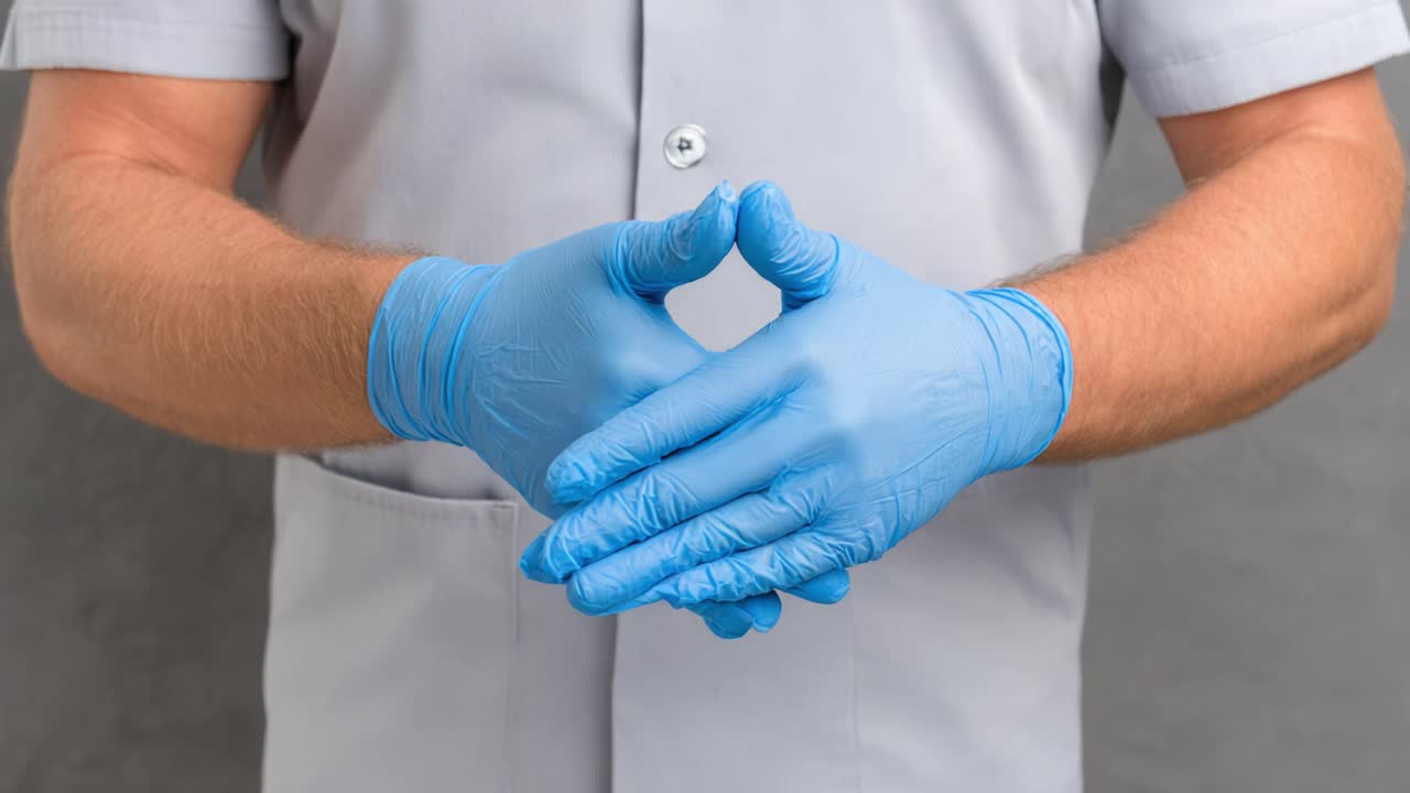 Un professionista sanitario si prepara per una procedura indossando guanti blu, a dimostrazione di corrette pratiche igieniche in un ambiente sterile.