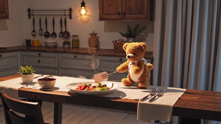 teddybär-köchin bereitet salat in einer gemütlichen küche vor