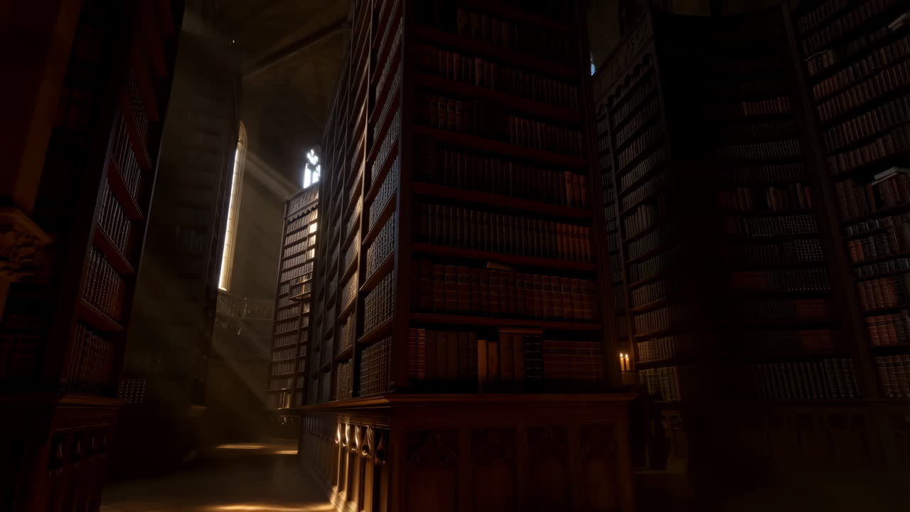 Grand Old Library with Towering Bookshelves and Sunlit Rays