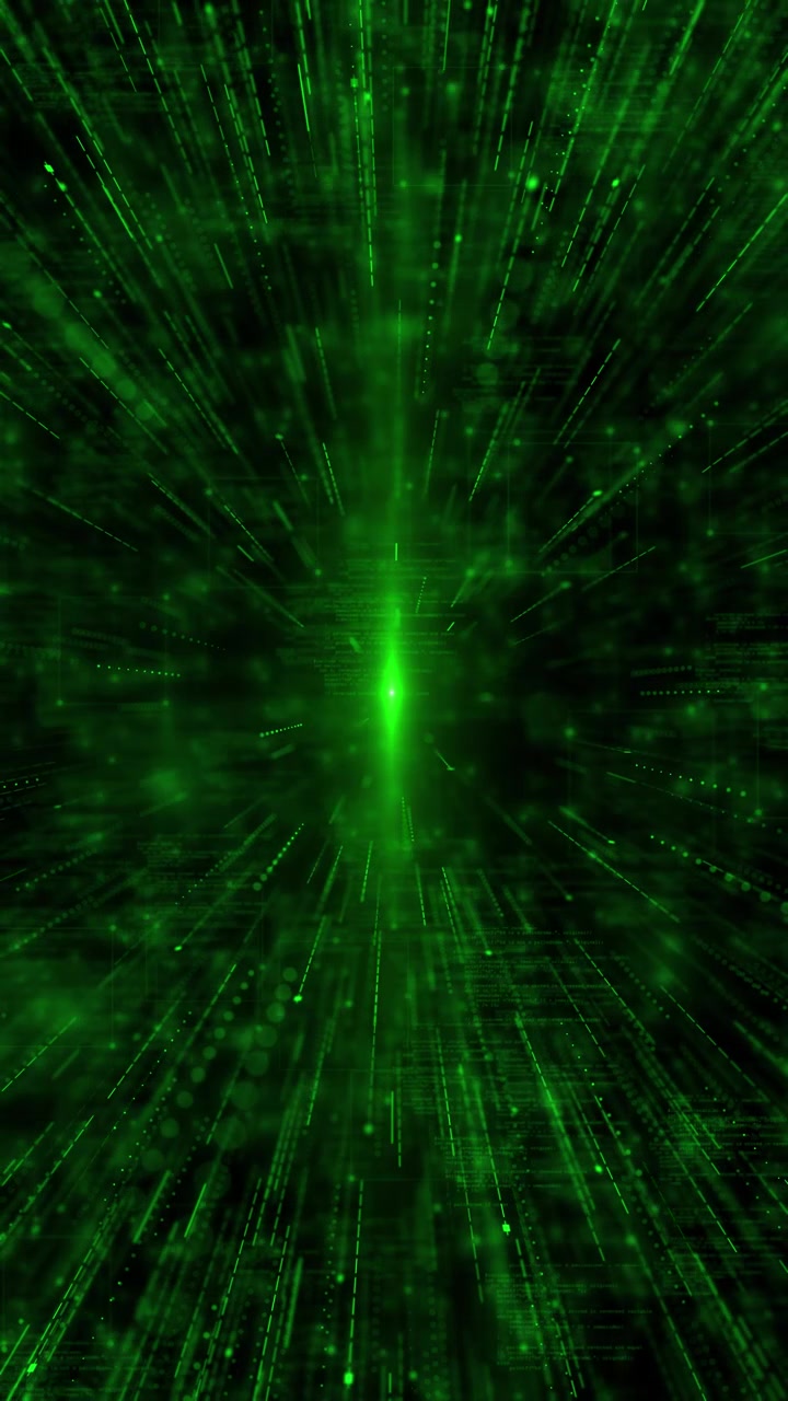Green code tunnel background glowing matrix lines fast data particles and dark cyber depth perfect
