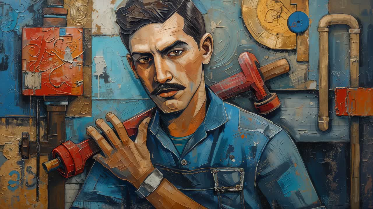 Camera zooming toward plumber by pipe wall, tilting in blue shirt, holding red wrench for portrait