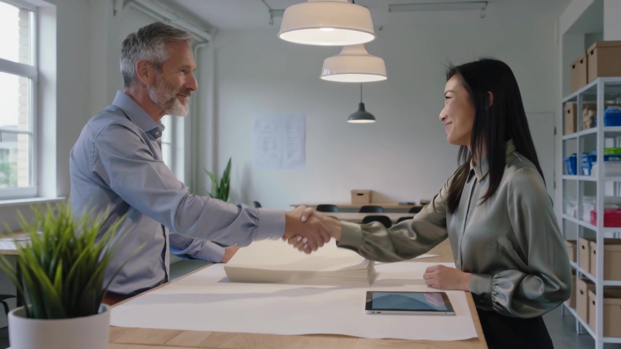 Una coppia in camicia blu e blusa di seta che si stringe la mano dopo aver sorriso a un tavolo d'ufficio, concordando i piani su un tablet.