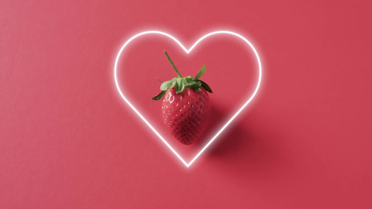 composición de corazón de neón y fresa sobre fondo rosado