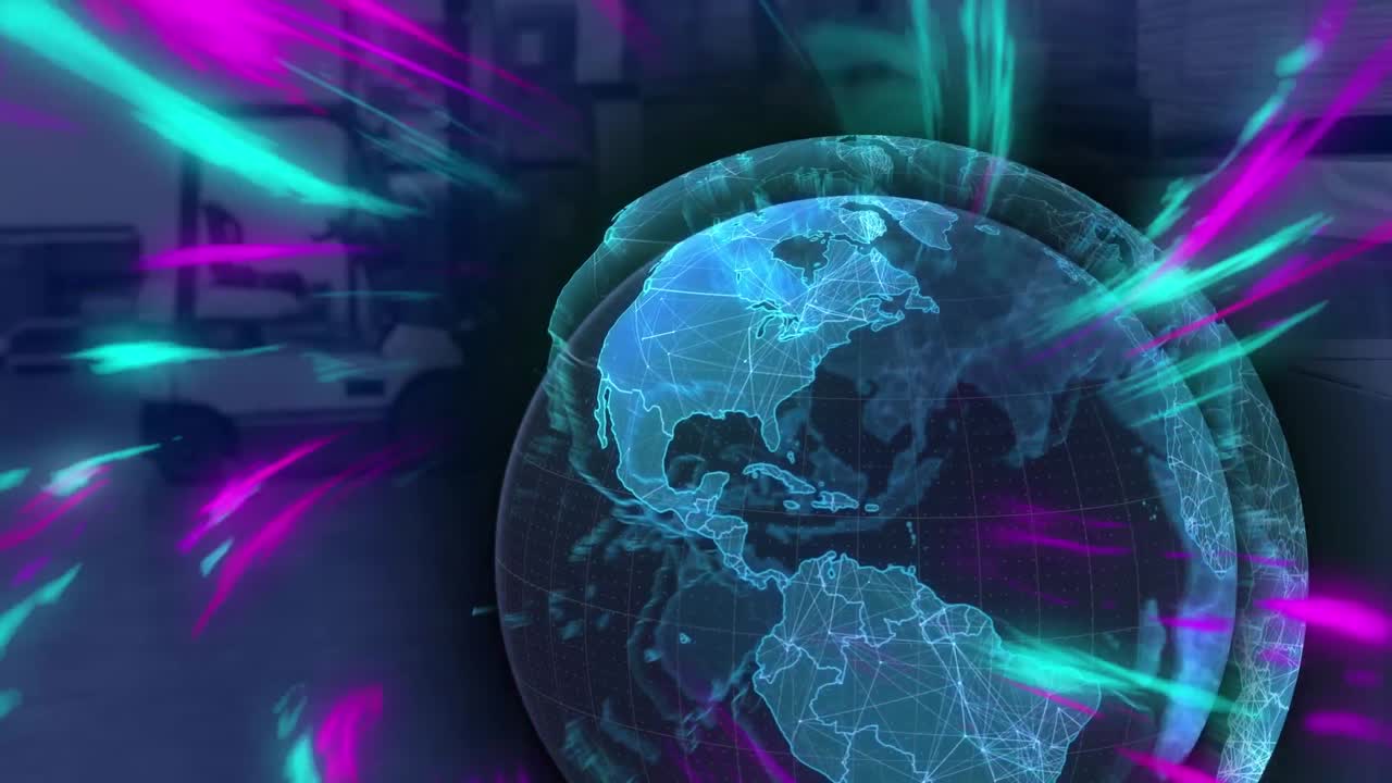 Animação de globo e interface digital com luzes coloridas sobre um armazém.