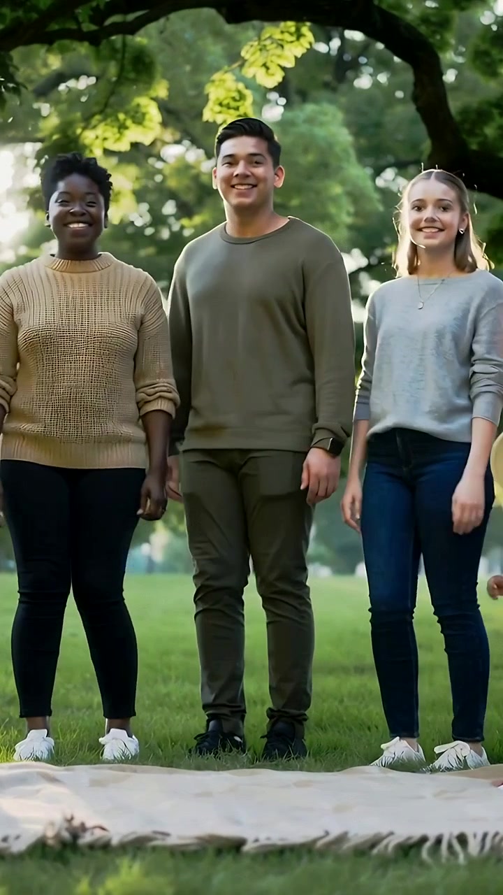 Vertical video: Approaching picnic blanket, family group slowing, posing and smiling at park