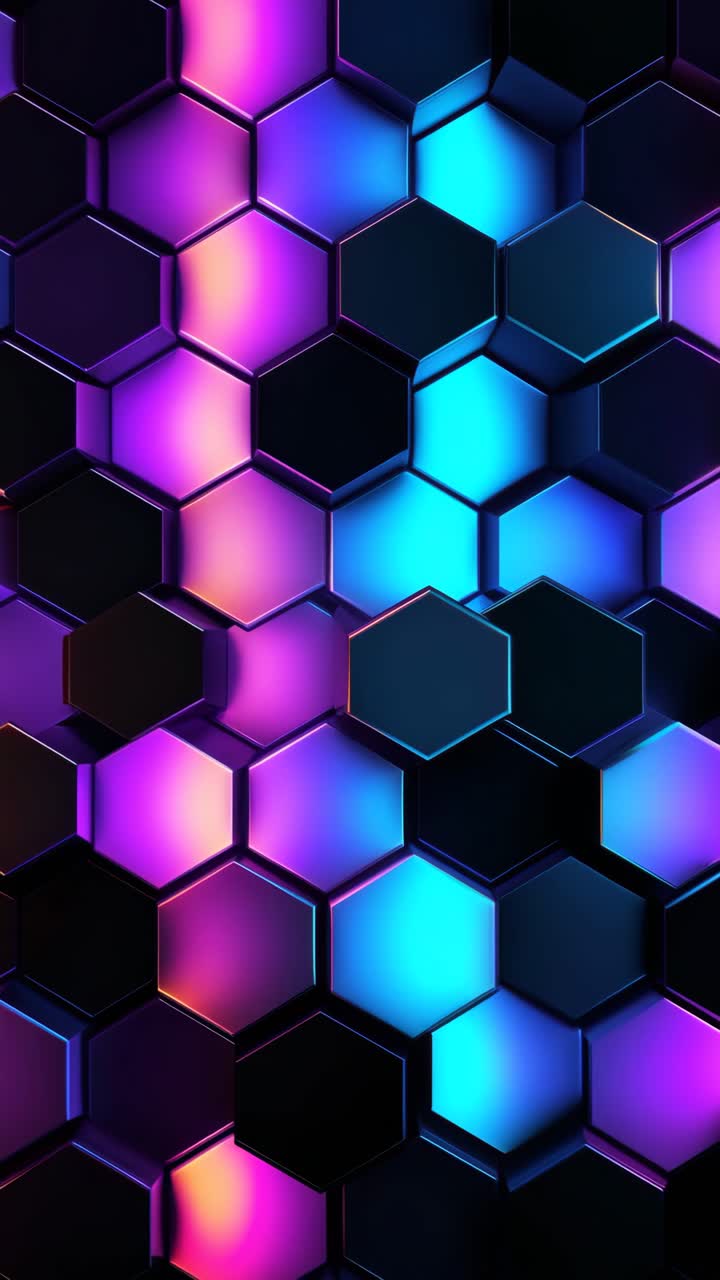 Vibrant hexagonal pattern with neon colors, viewed from a top-down angle