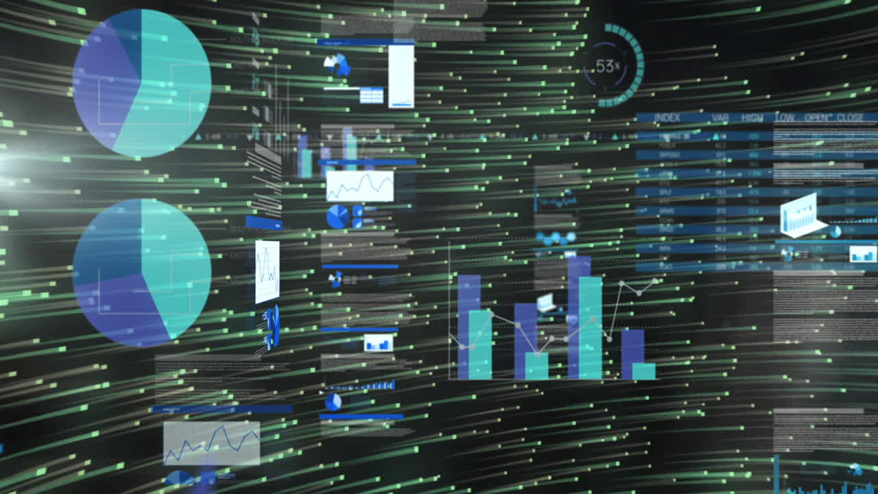 Data charts and graphs animation over digital network background with green lines