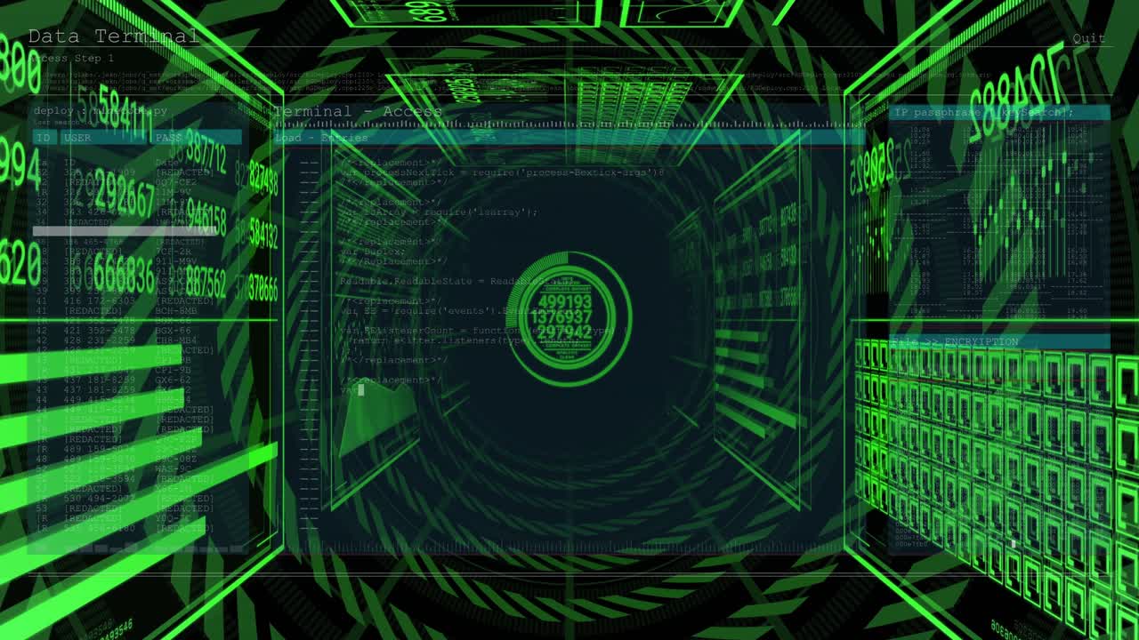 On load neon data tunnel HUD sliding panels, rings rotating, reticle cycling numbers, showing data