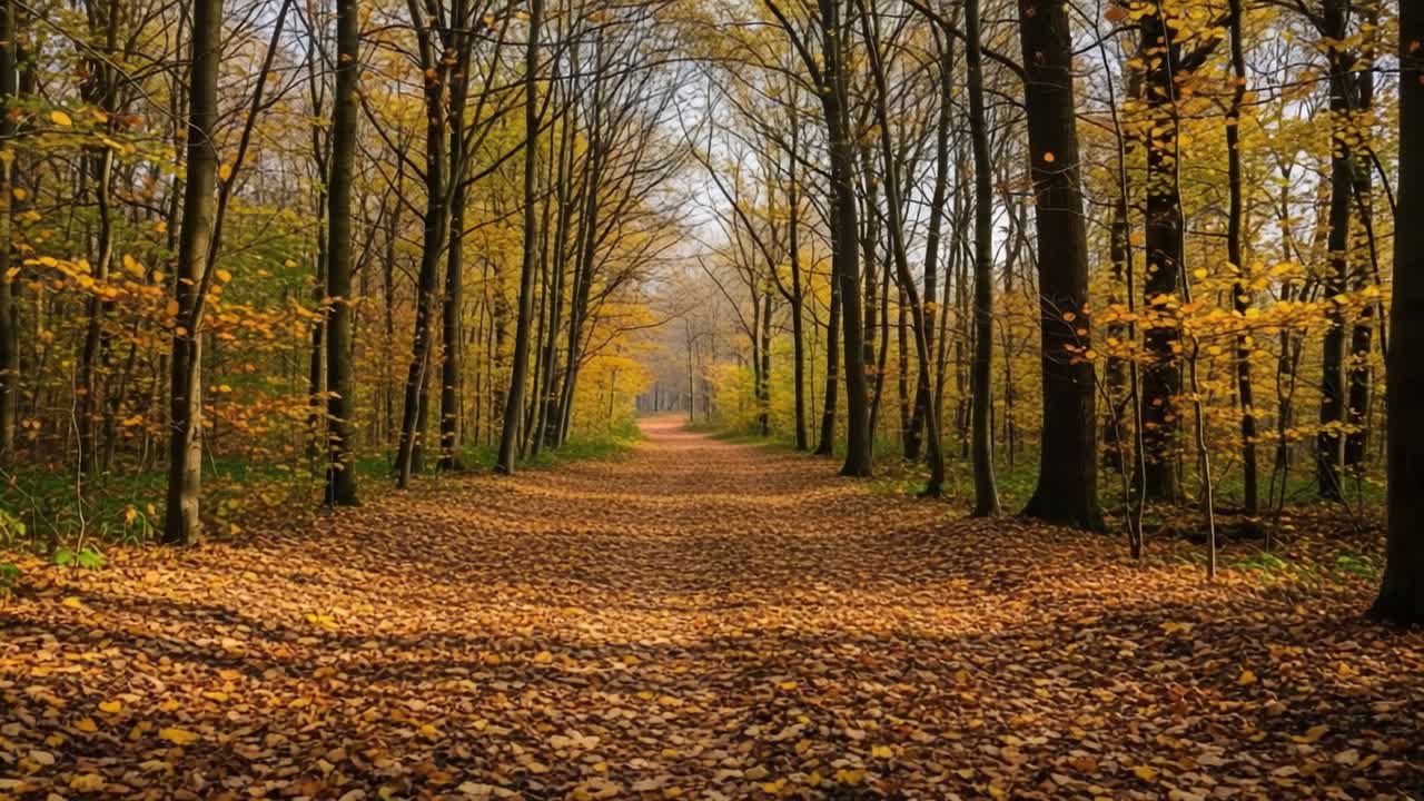 Serene Autumn Forest Pathway: A Tranquil Journey Through Golden Leaves Beneath Towering Trees in a Peaceful Natural Setting