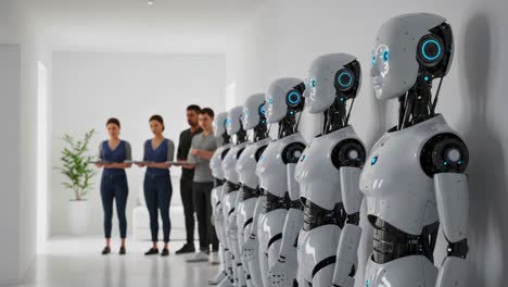 A Group of People Observes Advanced Humanoid Robots in a Modern, Sleek Environment, Highlighting the Intersection of Technology and Human Interaction