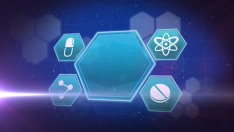 Animation-of-golden-stars-and-light-spot-over-medical-icons-and-hexagonal-shapes-on-blue-background