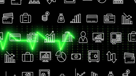 iconos financieros y animación de procesamiento de datos sobre fondo negro con cuadrícula verde