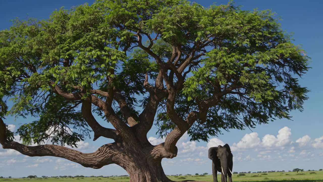 Elephant under a large tree in a savanna landscape