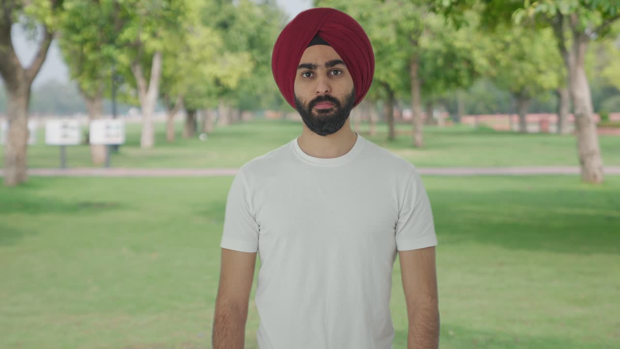 hombre indio sikh serio mirando en el parque