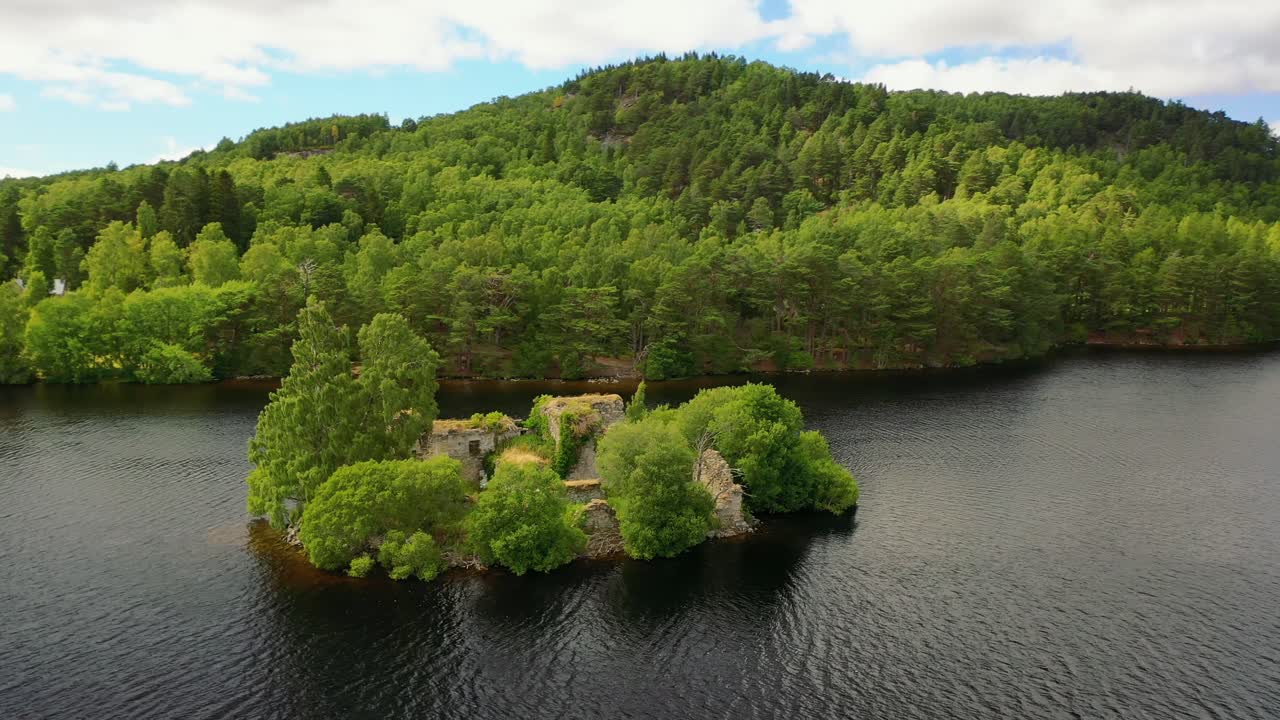 United Kingdom's Highland Realm: Aerial Perspective of Loch An Eilein with Its Castle and Scots Pine Forest, Aviemore, Scotland, Cairngorms