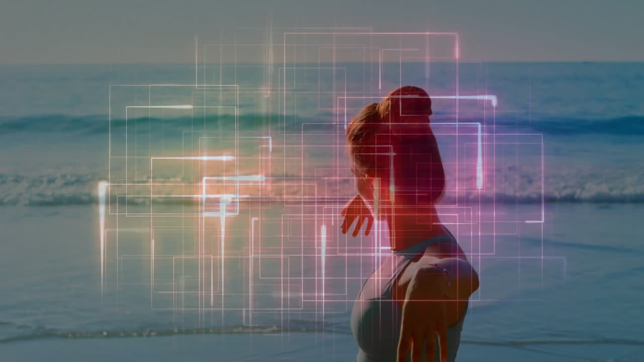 Neon grid forming around woman's torso initiating arm stretching on beach for health monitoring