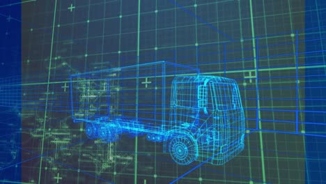 Animation-of-truck-with-graphical-user-interface-moving-against-grid-pattern