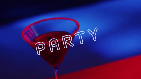 animation of party text and cocktail on blue to red background