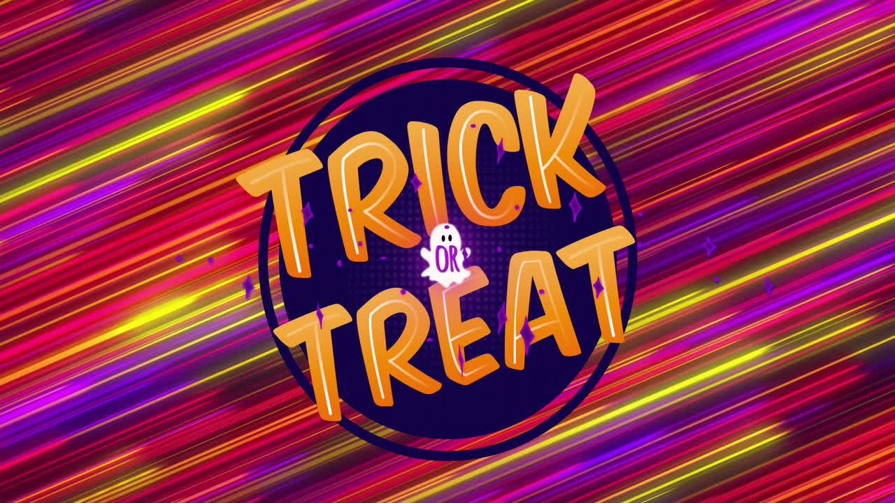 Animation of trick or treat text over glowing light trails