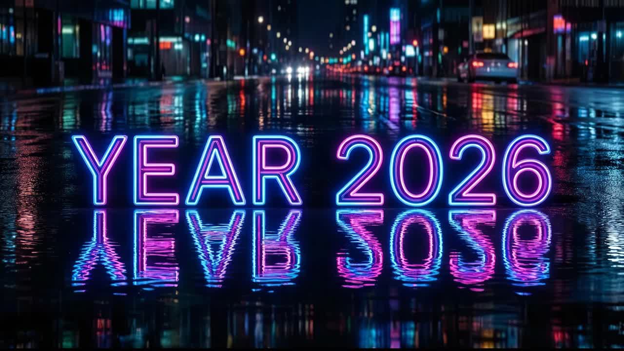 Insegna al neon Anno 2026 in una notte piovosa in città
