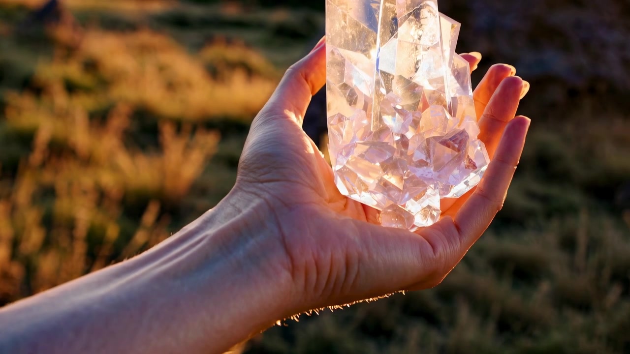 Close-up of Hand Holding a Clear Crystal Glowing in Golden Sunlight
