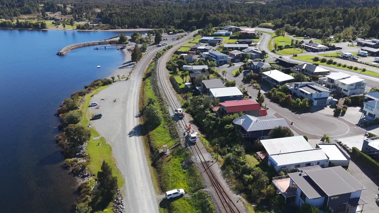 Aerial view over repairs on a part of the tracks of the KiwiRail trains Railway network.