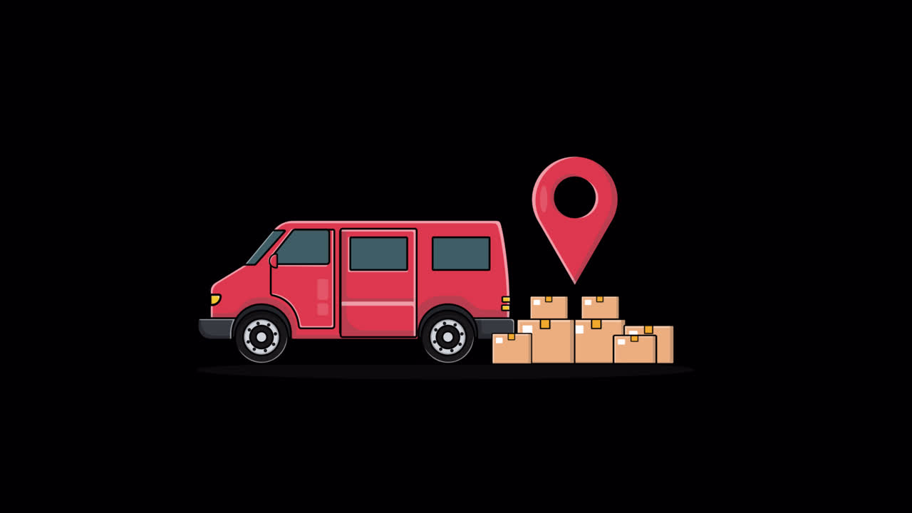 Animated Red Delivery Van Unloading Packages with Location Pin