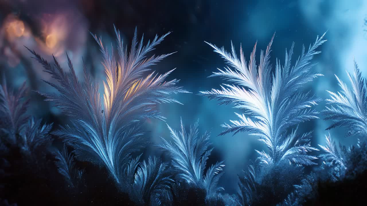 A stunning exploration of contrasting icy blue and warm golden frost forms, showcasing intricate patterns and textures resembling nature’s artistic flair, transitioning beautifully between cool serenity and warm vibrance