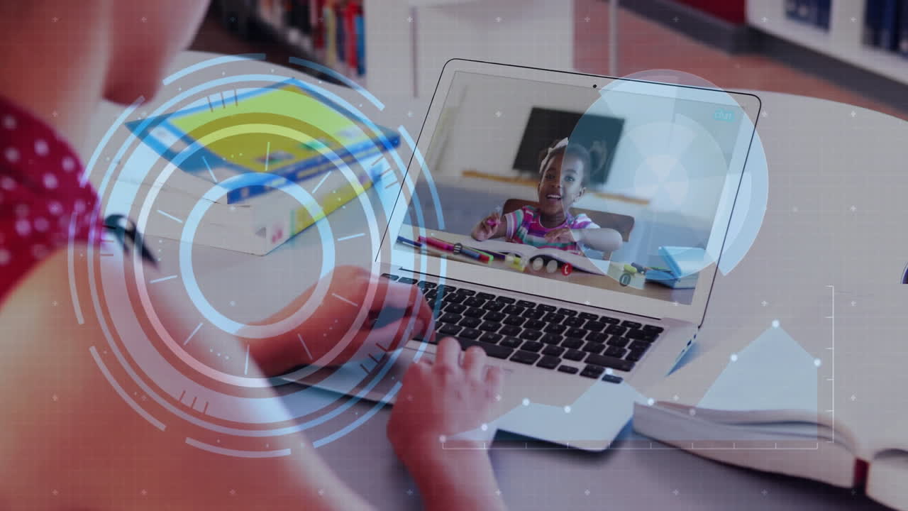 Child waving on laptop screen with digital interface animation overlay