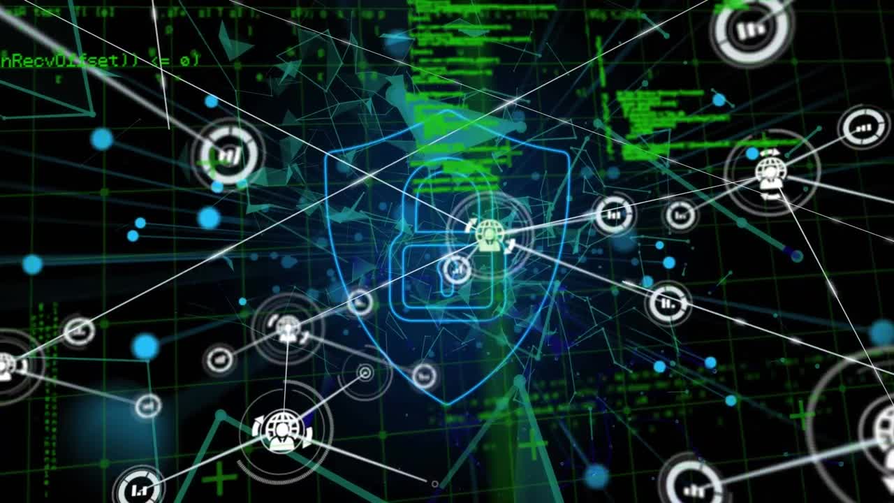 Animation of data processing and icons over padlock and black background
