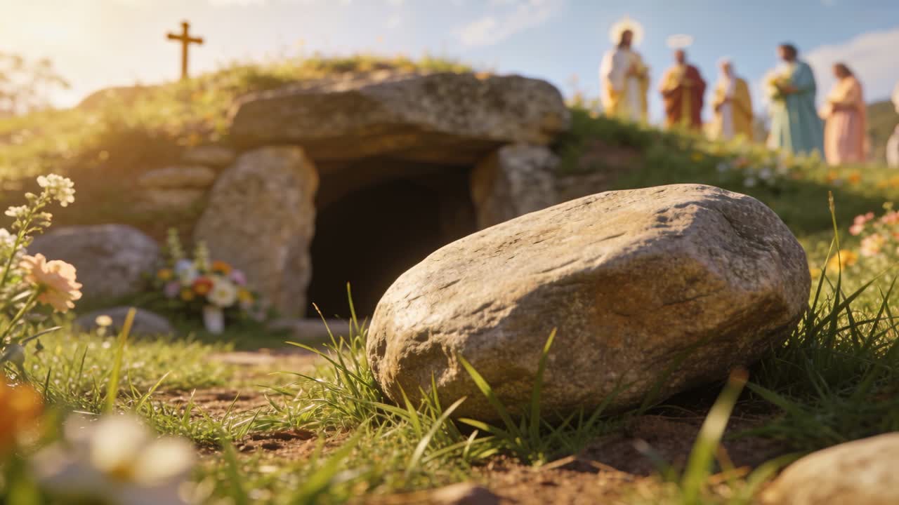 Pulling back, camera revealing stone on hill, tomb, cross, robed figures holding flowers mourning