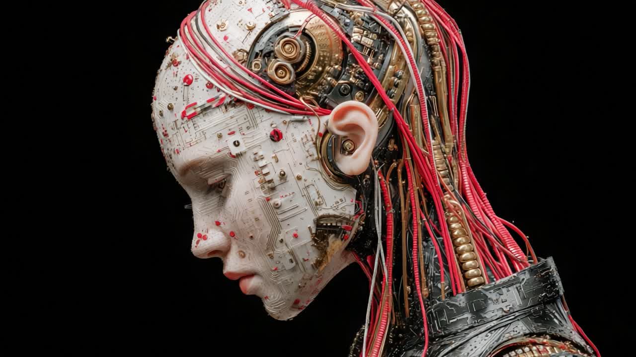 A Futuristic Cyborg Portrait Showcasing a Synthesized Human with Neon Features and Intricate Circuitry, Merging Technology and Artistry in a Striking Visual Representation