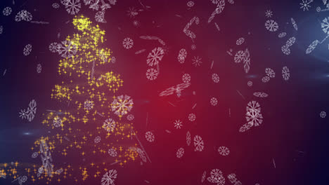 Snowflakes-falling-over-shooting-star-forming-a-christmas-tree-against-red-background