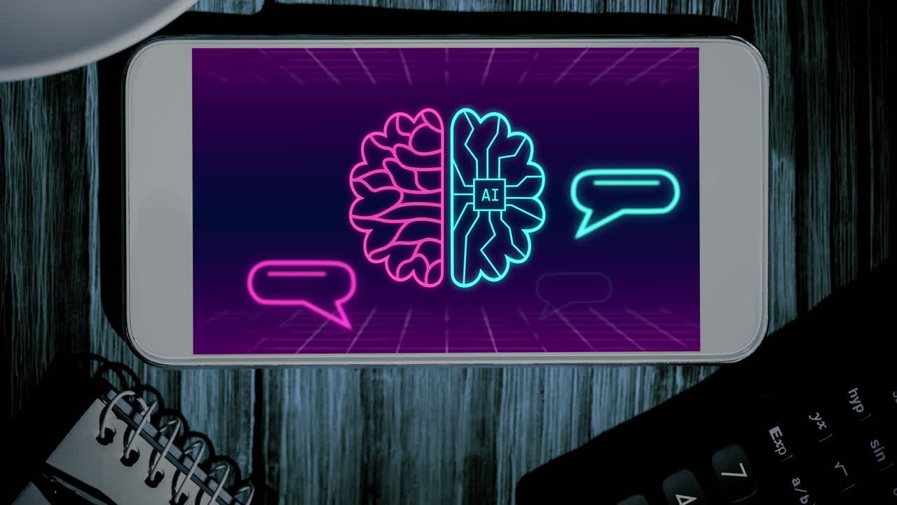 animación de chat artificial y procesamiento de datos a través de la pantalla del teléfono inteligente