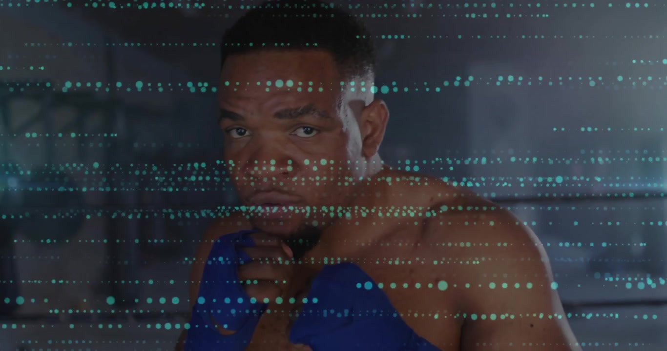 Boxer shifting guard and jabbing in sports ring for precision training overlaying turquoise glitch