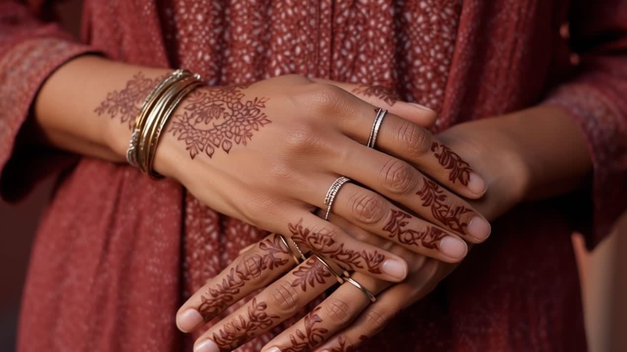 Close Up of Woman's Hands with Intricate Henna Designs and Jewelry