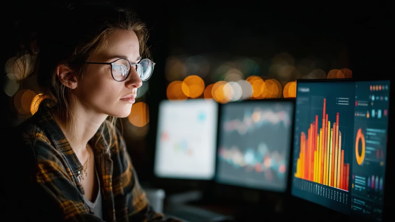Focused Young Woman Analyzing Data Visualizations on Multiple Computer Screens in a Dark Room with Ambient Lighting