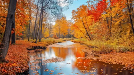 vibrant autumn woodland with golden yellow, orange, and red foliage reflecting on calm river surface, fallen leaves gently drifting across tranquil water