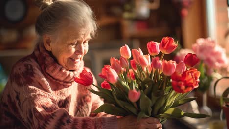 happy elderly woman holding a bouquet of pink and red tulips