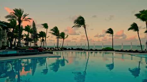 beach resort with outdoor swimming pool and high palm trees at sunset