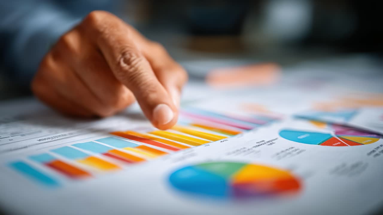 Uma Mão Focada Examinando Gráficos e Visualizações de Dados de Negócios para Análise Estratégica e Percepção.