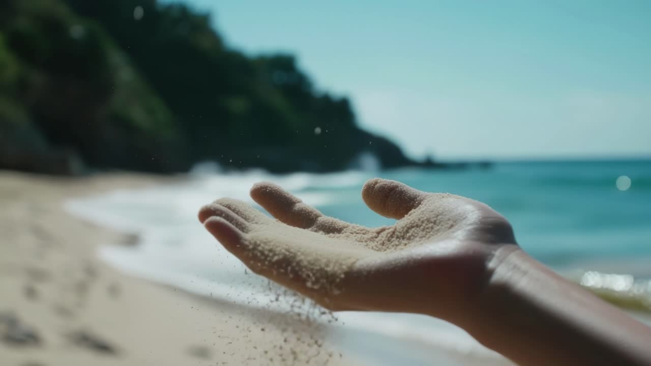 Close-up of a hand letting sand fall on a sunny beach, captured from a low angle
