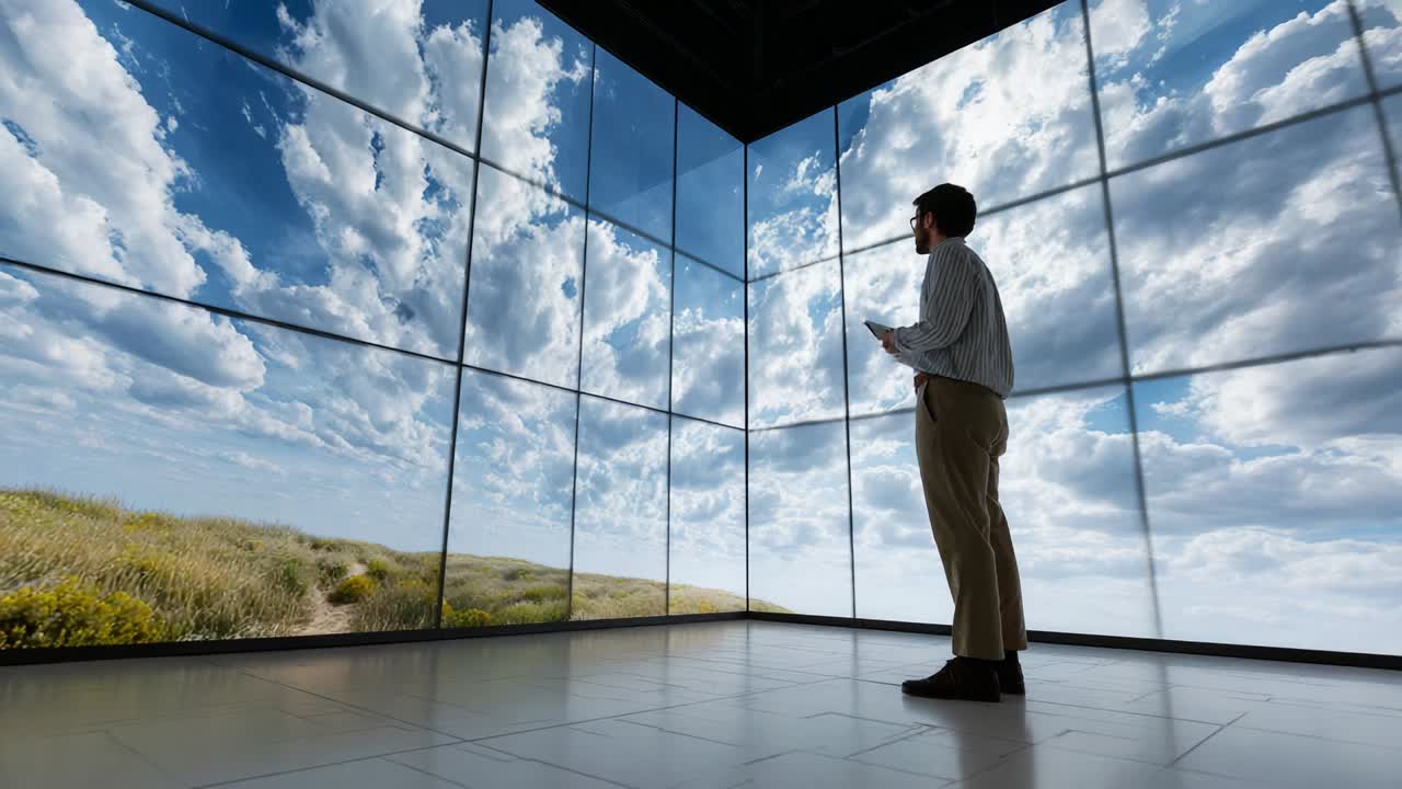 A Person Stands in Awe Before a Vast Display of Clouds and Nature, Captivated by Infinite Horizons and a Sense of Wonder Inside a Modern Digital Space Filled with Light and Inspiration