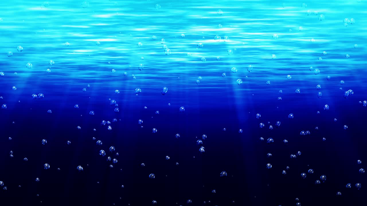 물 표면으로 올라오는 수중 거품, 푸른 바다가 밝은 광선을 비추고, 바다에서 물 거품, 루프 애니메이션.