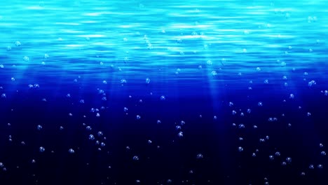burbujas bajo el agua que se elevan a la superficie del agua. el océano azul iluminó los rayos brillantes. burbujas de agua en el mar. animación de bucle.