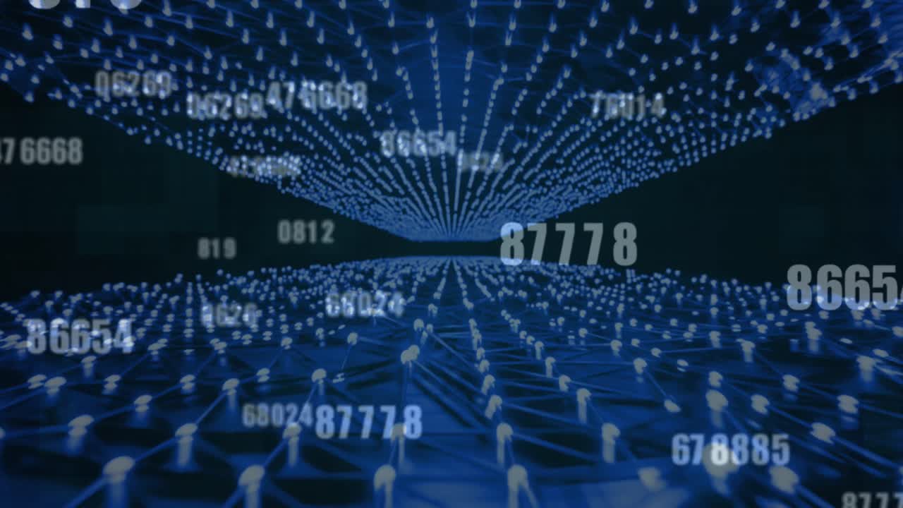 검은 바탕에 빛나는 파란색 정보 네트워크 연결을 통해 수치 데이터 처리