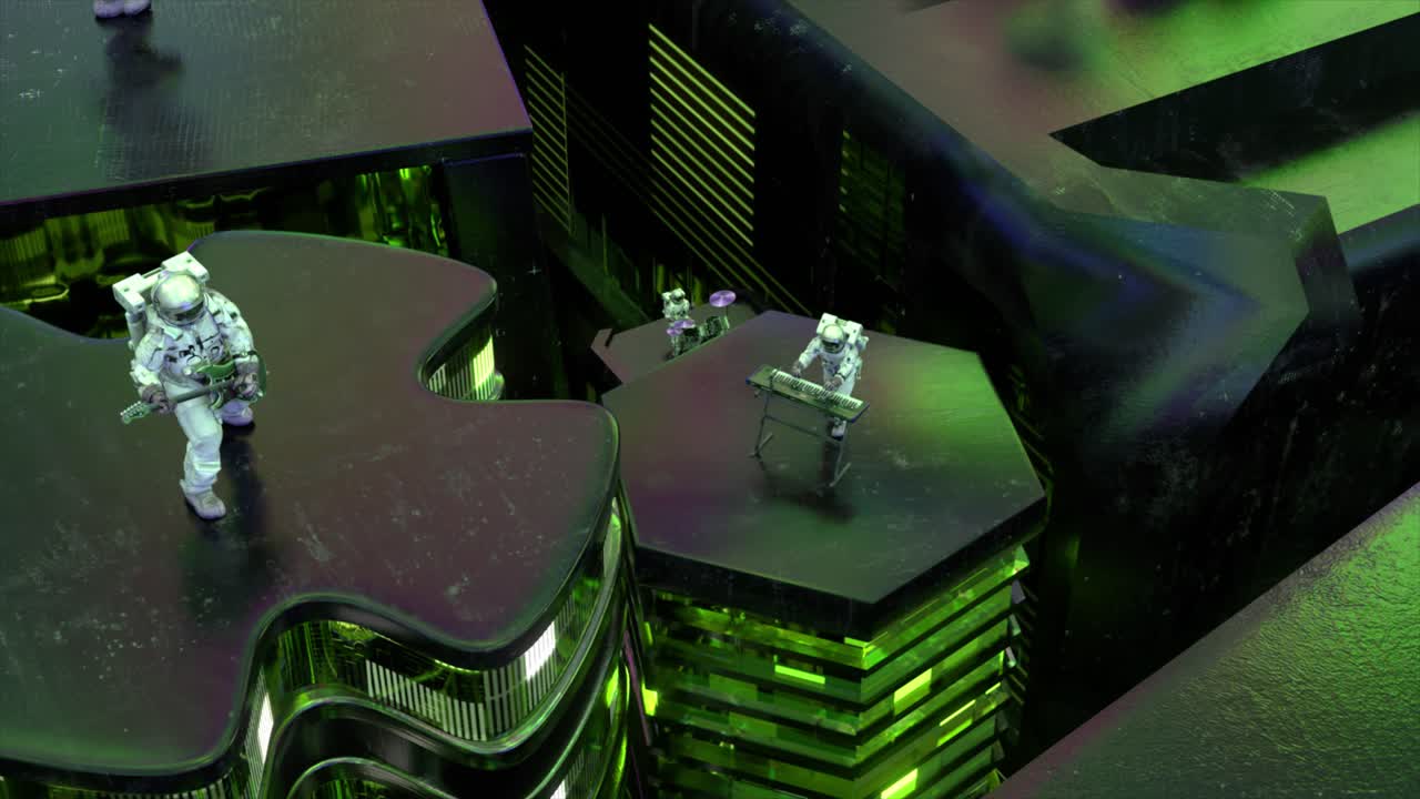 astronautas actuando en una ciudad futurista