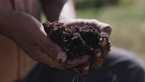 farmer holding vermicompost ground soil in hands, close up